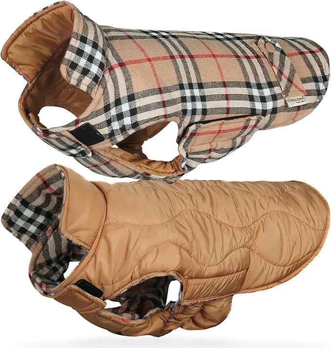 VIVAGLORY Softjoy Dog Coat, Dog Jacket for Winter & Christmas, Coat with Harness Hole, Reversible Plaid Checkered Warm Fluffy Heavy Duty for Puppy, M, Khaki