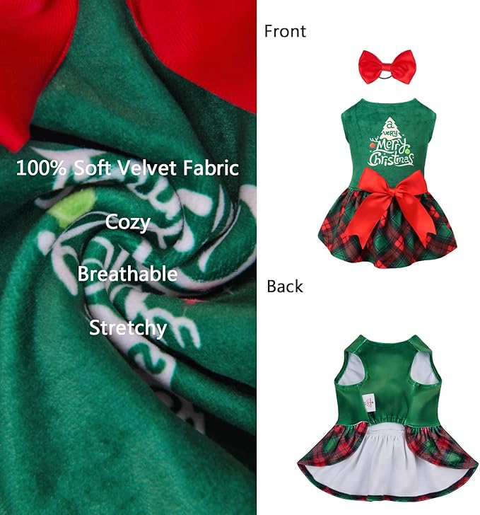 CuteBone Christmas Tree Dog Dress Velvet for Small Dogs Girl Puppy Dresses Green Plaid Dog Clothes CVA05L-D