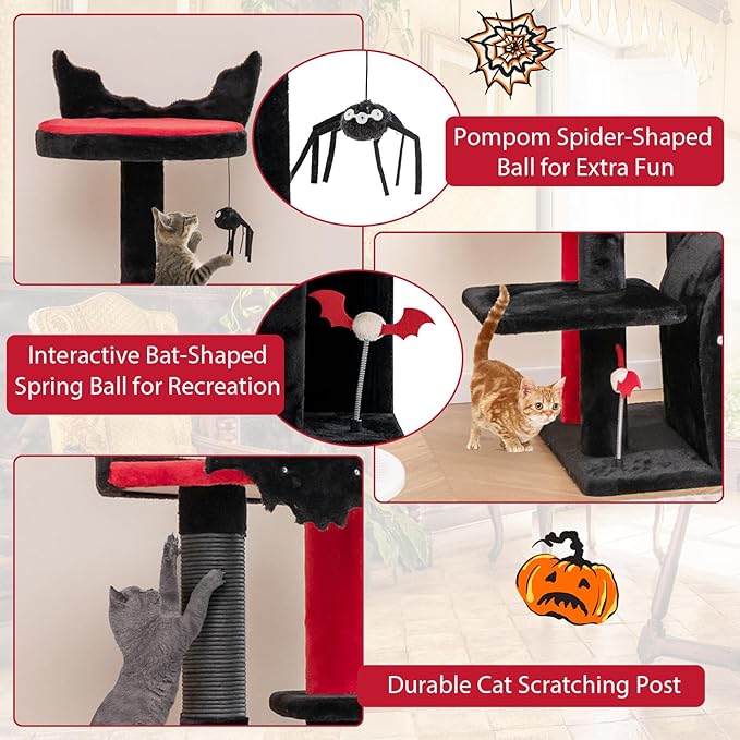 PETSITE Gothic Cat Tree, 53 Inch Multi-Level Cat Tower with Scratching Posts, Cat Bed, Arch-Shaped Condo, Pompom and Spring Balls, Goth Cat Tree for Indoor Cats Large