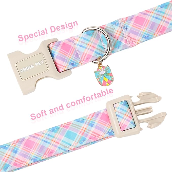 ARING PET Easter Dog Collar, Cute Colorful Plaid Stripe Girl Doggy Collars with Quick Release Buckle for Puppy Small Medium Large Dogs-XL