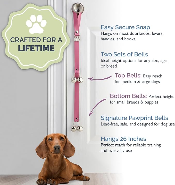 PoochieBells Dog Door Bells for Potty Training, Quick & Easy Puppy Potty Training Method Included, Handcrafted in USA with Loud, Paw-Safe Bells, Blush Pink
