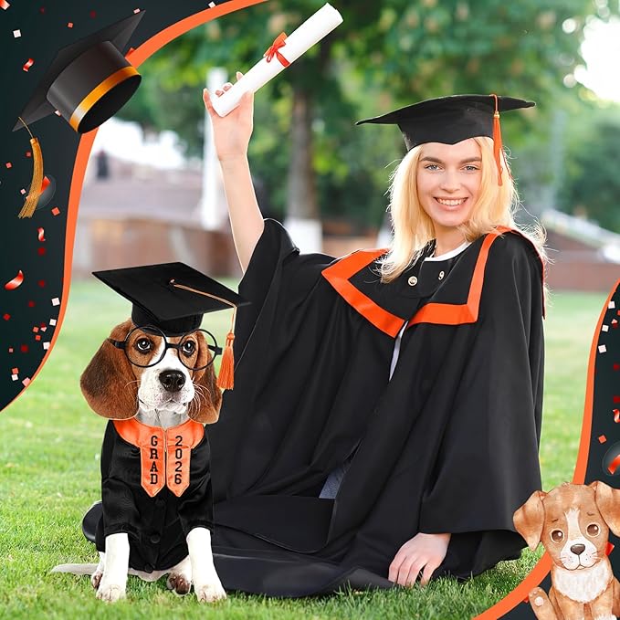 5 Pcs Dog Graduation Costume Set Include 2026 Pet Graduation Gown with Stole Puppy Grad Cap Lensless Glasses DIY Letter Stickers for Dogs Cats Holiday Costume Accessory(Black Orange,L)