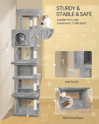 Cat Tree,82.6" Large Cat Tower for Indoor Cats, Multi-Level Cat House with Condo, 8 Scratching Posts, Hammock, 4 Pom Poms, Light Grey MS21018LG