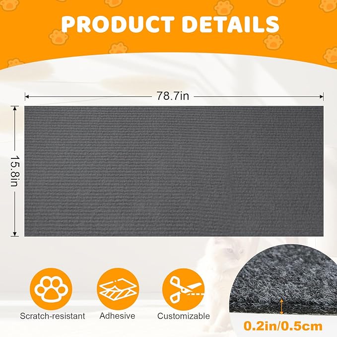 Cat Scratching Mat Self-Adhesive, 78.7'' x 15.8'', Trimmable Cat Scratch Pads Furniture Protector, DIY Climbing Cats Scratching Carpet for Couch, Door Frame or Wall Corner Protector (Dark Gray)