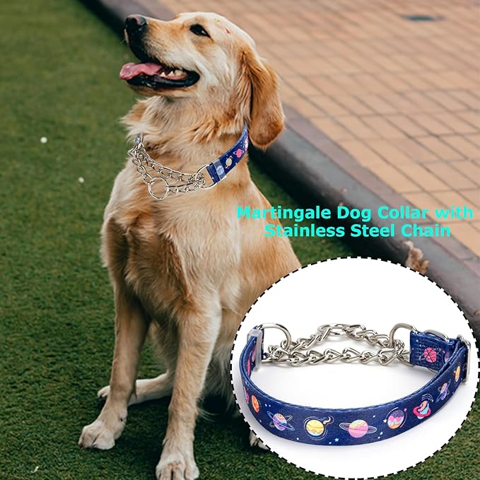 Martingale Dog Collar with Chain,Blue Space Pattern No-Pull Dog Collar - Adjustable Training Collar with Chain & Safe Control for Medium, Large & XL Dogs (Large)