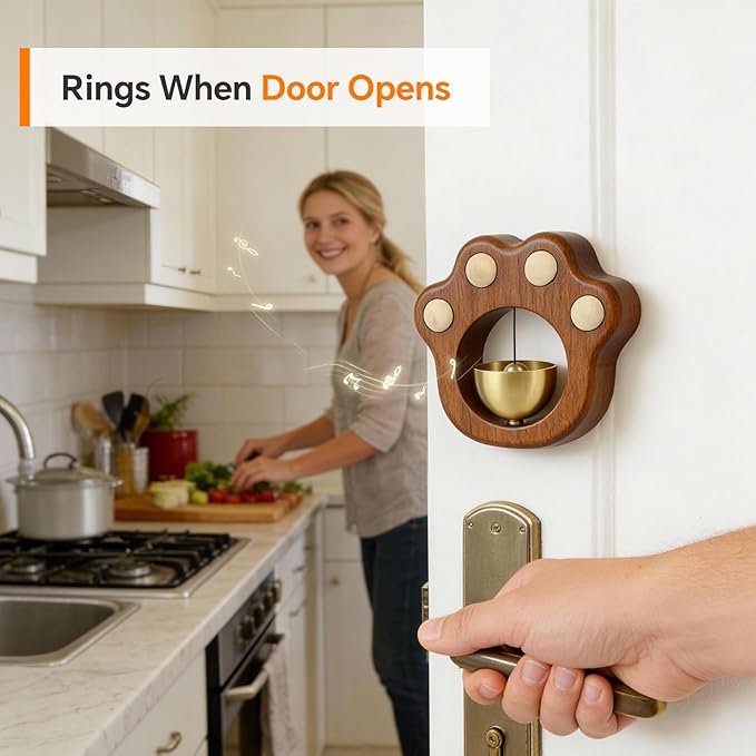 Cat Paw Shopkeepers Bell for Door Opening – Magnetic Wooden Door Chime & Wireless Brass Doorbell for Business Entrance, Home Decor – Cute Kawaii Wind Bell for Fridge, Room, Shop No Battery Entry Alert