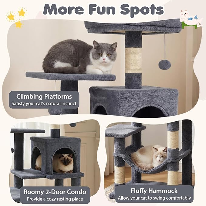 Tangkula Cat Tree Tower, 44 Inch Multi-Level Cat Tower with Sisal Scratching Posts, 2-Door Condo, Padded Top Perch & Hammock, 2 Hanging Balls, Jumping Platforms for Indoor Cats (Gray)