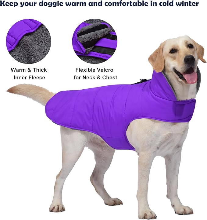 Dog Winter Coat, Waterproof Dog Jacket with Leash Hole, Reflective Adjustable Pet Snow Vest, Warm Fleece Sweater for Small Medium Large Dogs - Purple, S