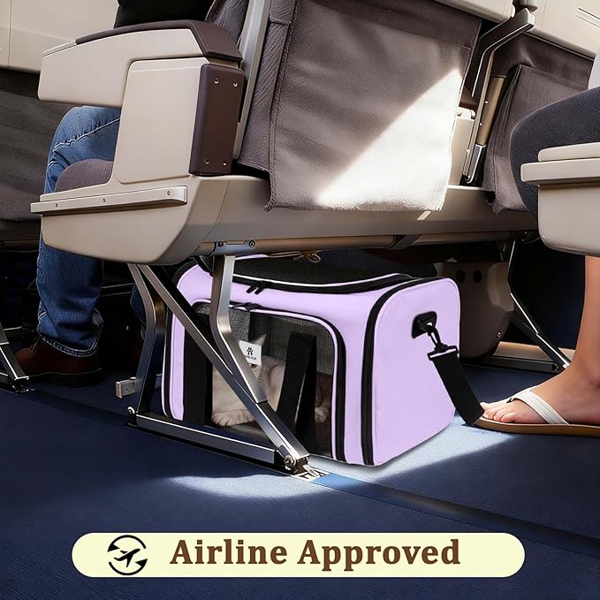 Cat Carrier Dog Carrier - Soft-Sided Cat Carrier with Plush Pad & Cooling Mat, Easy-Load 4-Side Zipper & 3-Side Mesh Ventilation, Pet Carrier Airline Approved for Cats/Dogs Up to 16 lbs, Purple