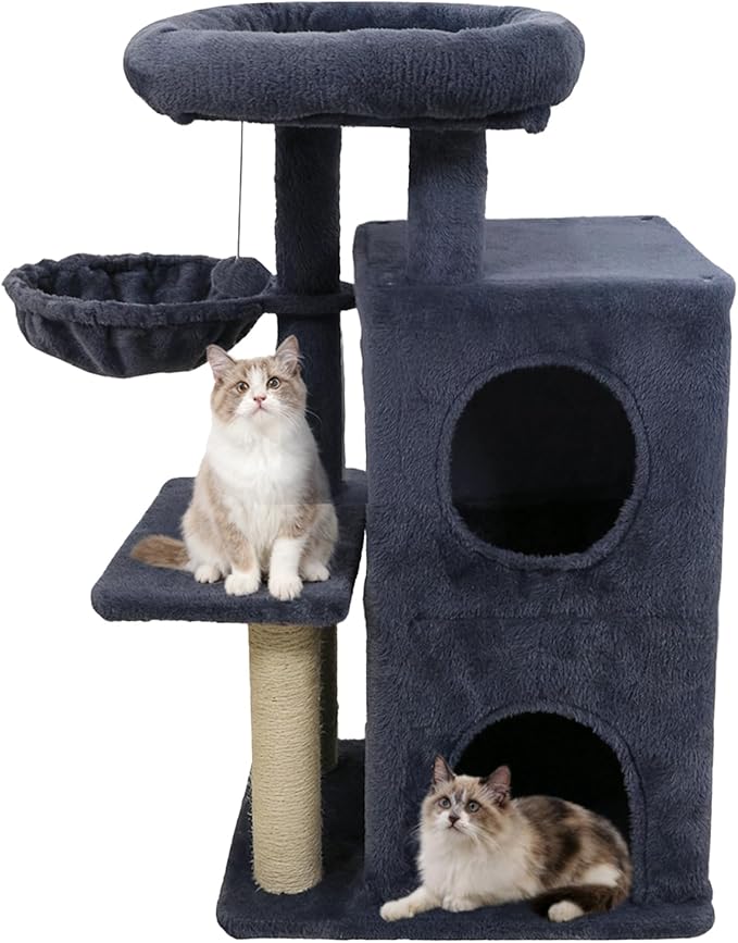 Tangkula Cat Tree Tower, 33.5 Inch Cute Cat Tower with 2-Tier Large Condo, Sisal Scratching Posts, Padded Top Perch, Dangling Toy, Rotatable Cozy Basket, Cat Climbing Furniture (Dark Gray)