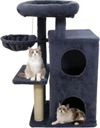 Tangkula Cat Tree Tower, 33.5 Inch Cute Cat Tower with 2-Tier Large Condo, Sisal Scratching Posts, Padded Top Perch, Dangling Toy, Rotatable Cozy Basket, Cat Climbing Furniture (Dark Gray)