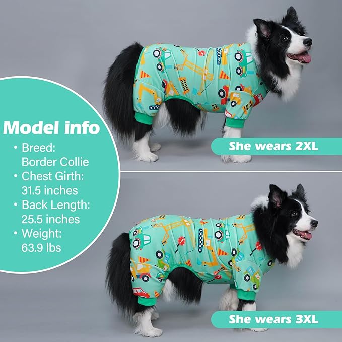 KYEESE Dog Pajamas Velvet Dog Pajamas Large Sized Dogs Soft Dogs Clothes Pjs with Construction Vehicles Pattern Stretchy Pet Jammies Coat Comfy Pet Onesie Costume, 3X-Large