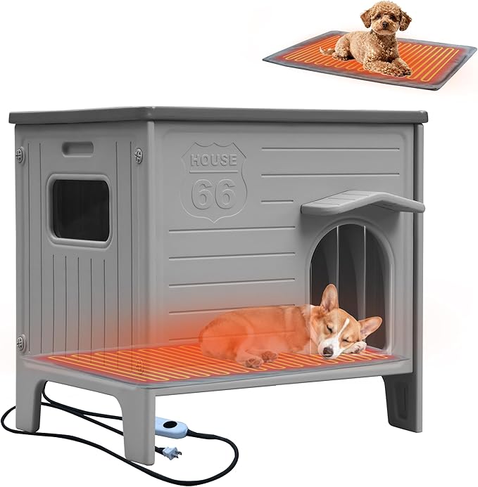 Rockever Heated Dog House Outdoor Indoor for Small Medium Dogs, Insulated Dog House with Heating Pad, Plastic Elevated Outdoor Dog House Waterproof Dog Kennel, Clean Easily(M & Heating Mat)