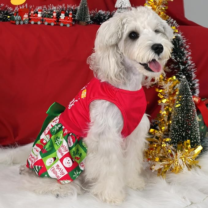 XPUDAC Dog Christmas Outfit Dog Dress Holiday Puppy Clothes for Small Dogs Girl, Pet Costume Cat Outfits Green Red-Small