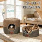 Cat Bed Cave for Indoor Cats, 2-in-1 Foldable Cat Cave & Lounge Bed with Reversible Cushion, Calming Anti-Anxiety Enclosed House for Small Dogs & Puppies, Donut Cozy Hideaway, 17.5 Inches (Brown)