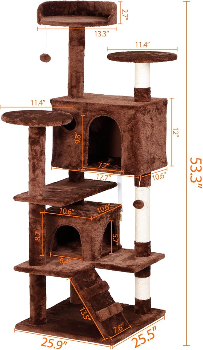 LEMY 54 Inch Cat Tree,Multi-Level Cat Tower Condo for Indoor Kittens,Brown Cat House with Sisal-Covered Scratching Post for Cats to Play and Sleep