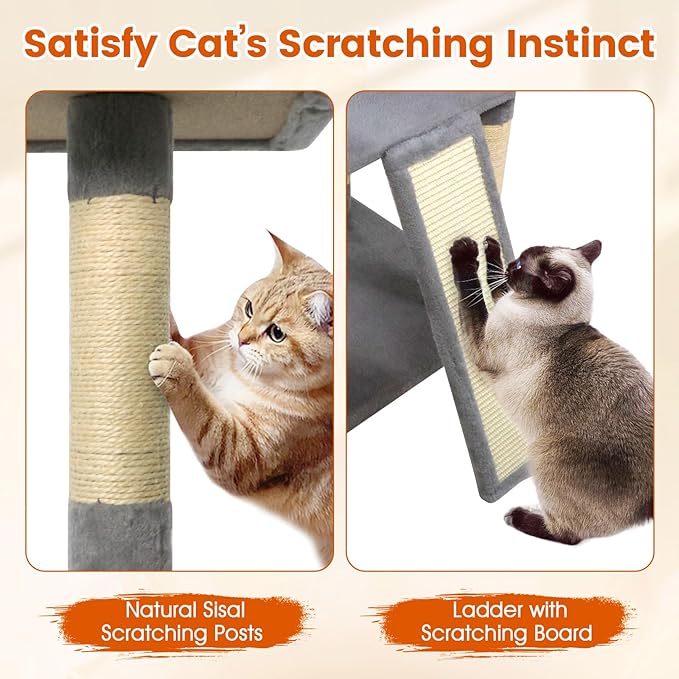PETSITE Multi-Level Cat Tree, 65 Inches Tall with Sisal Scratching Posts, Condos, Rotatable Cat Basket, Dangling Balls, and Sisal Ladder, Ideal for Indoor Cats to Play and Rest (Grey)