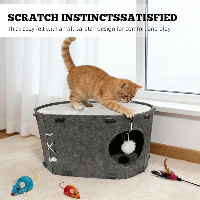 Cat House for Indoor Cats - Foldable Cat Bed Cave with Scratch-Resistant Felt Cats Tunnel Bed Condo & Hanging Fluffy Ball | Cozy Spacious Hideaway for Multi-Cats| Durable & Easy to Store, Cream