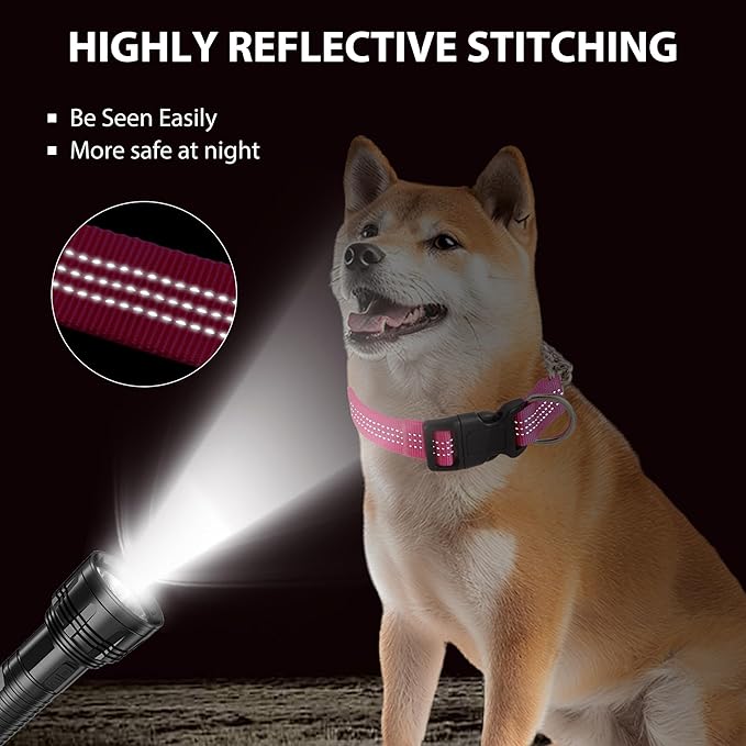 Martingale Dog Collar with Quick Release Buckle Steel Chain No Pull Training Reflective Collar for Medium Large Dogs(Pink, Large)