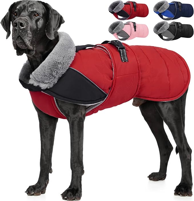 Nanaki Large Dog Coat Rainproof-Warm Giant Breed Dog Jacket with Leash Hole, Fleece Lining Reflective Great Dane Winter Coat Doberman Jacket for Cold Weather Outdoor Walking Hunting, Camping, Red 3XL