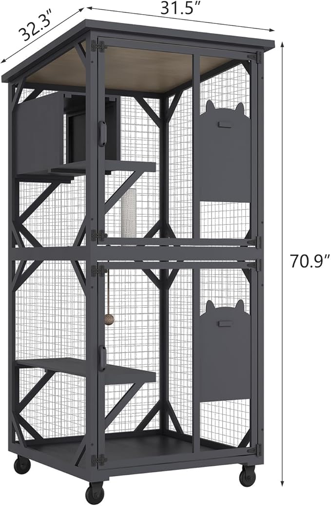 ROOMTEC Catio Outdoor Enclosure With Roof 71" Height Wooden House Large Cage With 3 Jumping Platforms and 1 Napping House for Cat Activity (Grey)