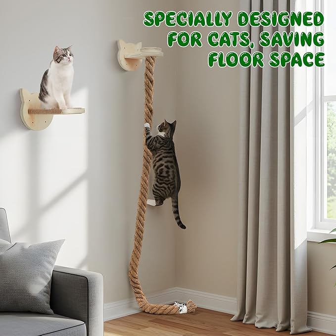 Weysat Cat Tree with 2 x 59.1 Inch Climbing Rope Wall Mounted Cat Climbing Tower Toy with Scratching Post Kitten Rope Ladder with Jumping Platform Wall Steps for Playing and Rest (Wood,Kitten Head)