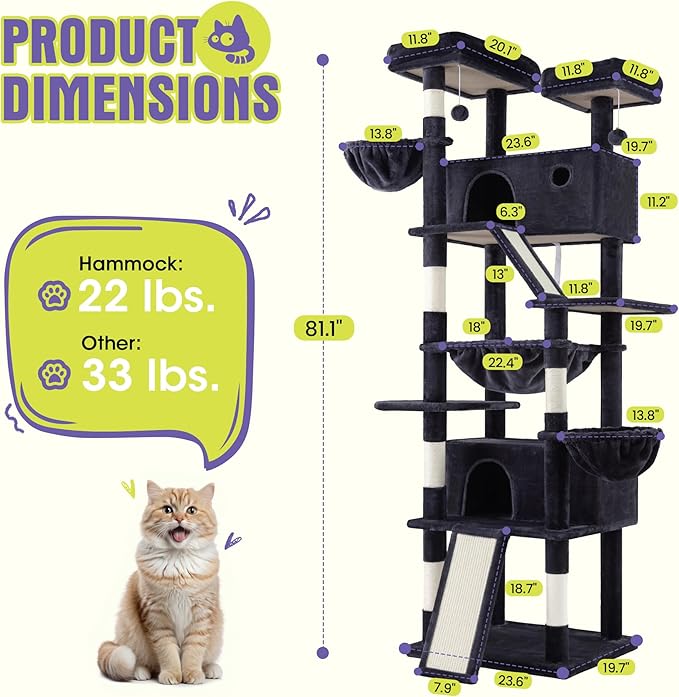WEEWAY Cat Tree Tower for Indoor Cats,81'' Multi-Level Cat Furniture Activity Center,Stand House Condo Cave,Sisal Scratching Posts Ramps,Plush Perches Platforms Basket Hammock, Dark Grey