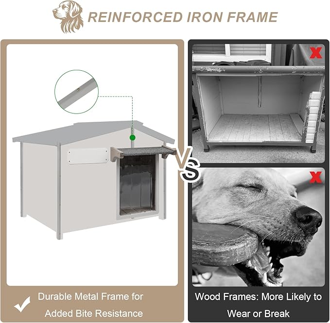 Outdoor Dog House with Chew-Proof Iron Frame, Wooden Dog Kennel Weatherproof，Removable Floor, Adjustable Vent Window, Easy Assembly for Medium and Small Dog, 30" L x 21" W x 24" H