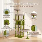 77.5 Inch Cat Tree with Bed, Hammock, Observation Deck, Plush Platform & Toy Ball for Indoor Cats (Green + Pink)