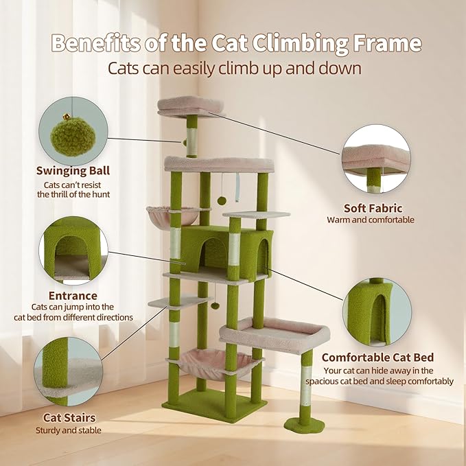 77.5 Inch Cat Tree with Bed, Hammock, Observation Deck, Plush Platform & Toy Ball for Indoor Cats (Green + Pink)