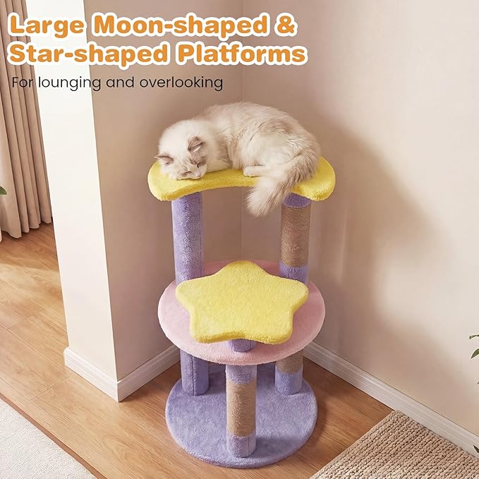 Tangkula Cute Cat Tree, 29 Inch Multi-Level Cat Tower with Jute Scratching Posts, Star & Moon Shaped Platforms, Perch Dangling Toy, Cat Climbing Furniture for Indoor Cats (Purple)