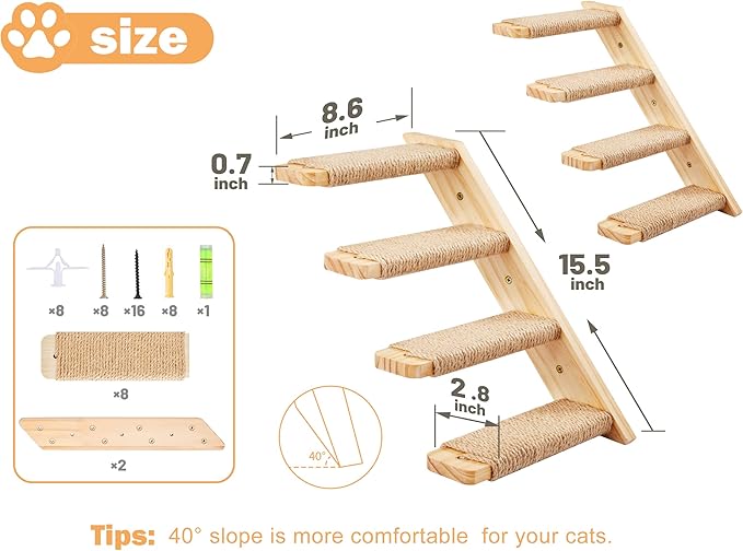 2PCS Wall Cat Tree Shelves, Reversible 4-Step Cat Ladders with Sisal Rope, Mountable Left & Right for Climbing and Scratching