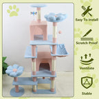 71 inch Flower Cat Tree, Multi-Level Cat Tower with Large Condo Removable Flower Cushion and Hammock, Tall Cat Tree for Indoor Large Cats Climbing, Scratching, and Play (Blue)