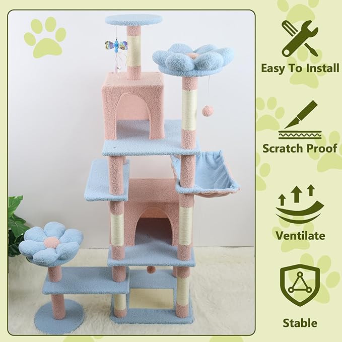 71 inch Flower Cat Tree, Multi-Level Cat Tower with Large Condo Removable Flower Cushion and Hammock, Tall Cat Tree for Indoor Large Cats Climbing, Scratching, and Play (Blue)