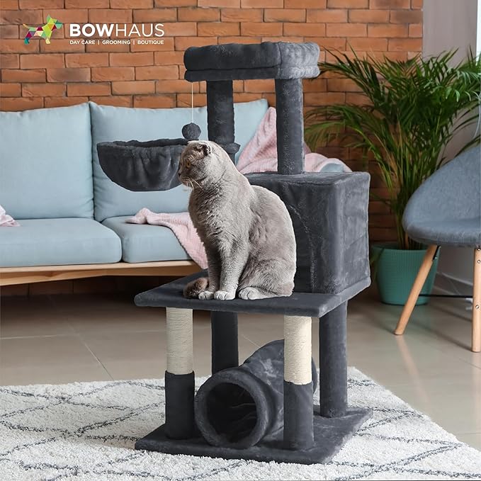 Tall Cat Tree for Indoor Large Cats or Kittens, Multi-Level Cat Activity Tree with Scratching Posts, Hammock, Cat Cave Condo, Modern Cute Small Cat Climbing Tower with Widened Perch