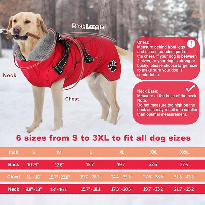 Doglay Dog Jacket Waterproof Dog Coat with Harness Built in, Christmas Puppy Winter Coat Reflective Turtleneck Puffer Snow Jackets for Small Medium Large Dogs