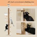 PETEPELA Floor to Ceiling Cat Tree, Adjustable Height(79-103'') Solid Wooden Tall Cat Tower for Indoor Cats with Sisal Scratching Post, Acrylic Bowl and Play Pompom, Wooden Beige