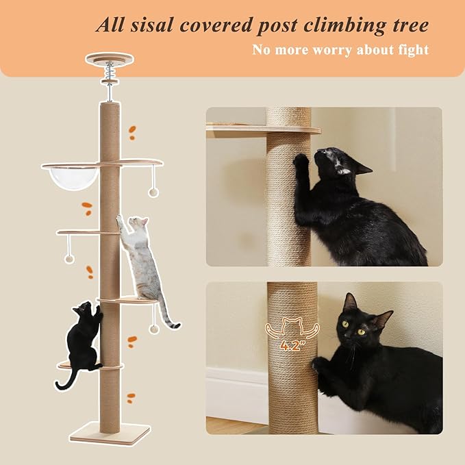 PETEPELA Floor to Ceiling Cat Tree, Adjustable Height(79-103'') Solid Wooden Tall Cat Tower for Indoor Cats with Sisal Scratching Post, Acrylic Bowl and Play Pompom
