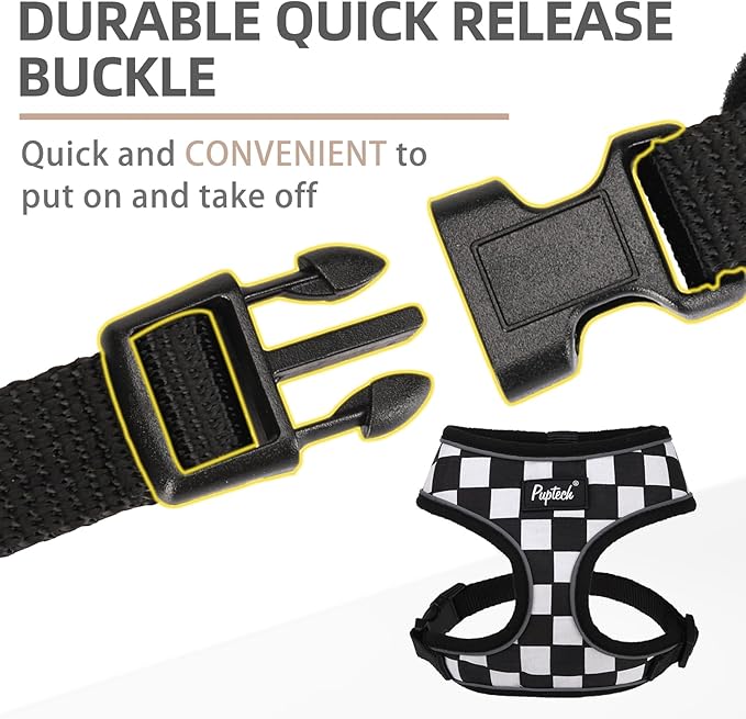 PUPTECK Soft Mesh Dog Harness and Leash Set Pet Puppy Cat Comfort Padded Vest No Pull Harnesses, Checkered Black&White, L
