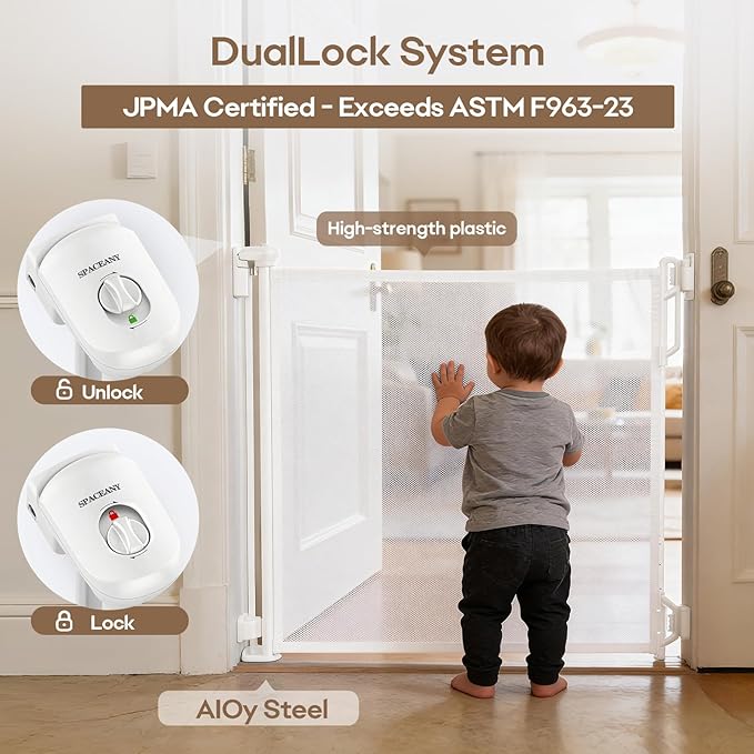 Retractable Safety Baby Gate or Mesh Dog Gate,Durable Portable Mesh Retractable Gate,Easy to Use for Stairs, Doorways, Hallways, Indoor, Outdoor, 33.5" Tall, Up to 45" Wide, White