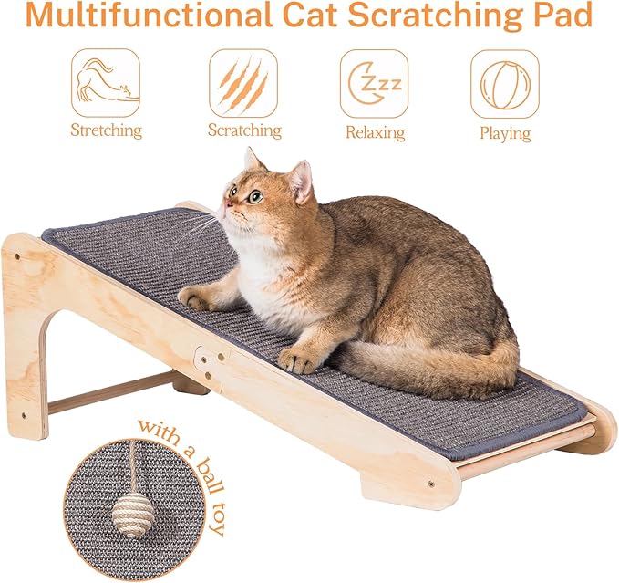 Cat Scratcher Ramp, L Shaped Scratchers for Indoor Cats, Sisal Scratch Pad Furniture Protector, Scratching Board With Ball Toy