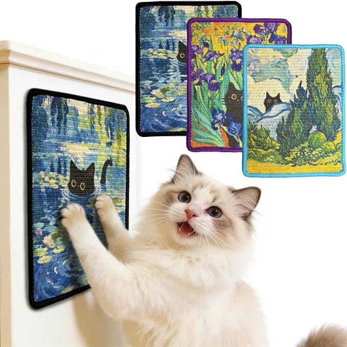 3PCS Cat Scratcher Wall Art, Sisal Home Decor Cat Scratch Mats, Wall Mount Kitten Scratching Pad with Hoop and Loop Adhesives, Cardboard Post Alternative for Indoor, Starry Night+Cypresses+Irises