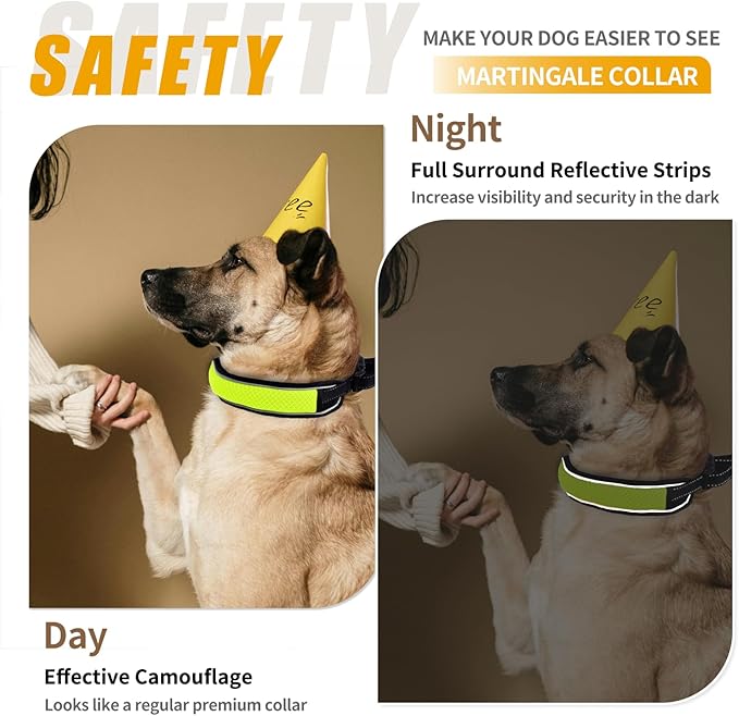 Martingale Collar for Dogs, No Pull Dog Collar for Large Medium Dogs, Reflective Anti Pull Dog Collar with Buckle, Adjustable Heavy Duty Nylon Slip Collar for Training Walking 1.8 Inch Wide S Green