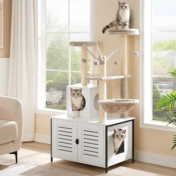 HOOBRO Cat Tree with Scratching Posts, Cat Tower Litter Box Enclosure Furniture for Indoor Cats, All-in-One Wooden Cat House Condo with Cat Hammock, Detachable Teaser Sticks, White BW14MZ03