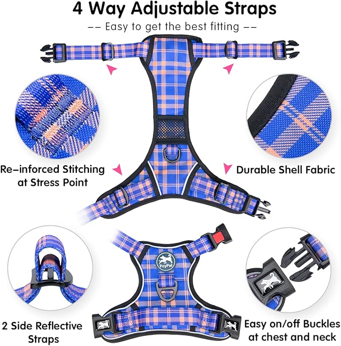 PoyPet No Pull Dog Harness, Reflective Adjustable No Choke Pet Vest with Front & Back 2 Leash Attachments, Soft Control Training Handle for Small Medium Large Dogs(Checkered Blue & Orange,XL)