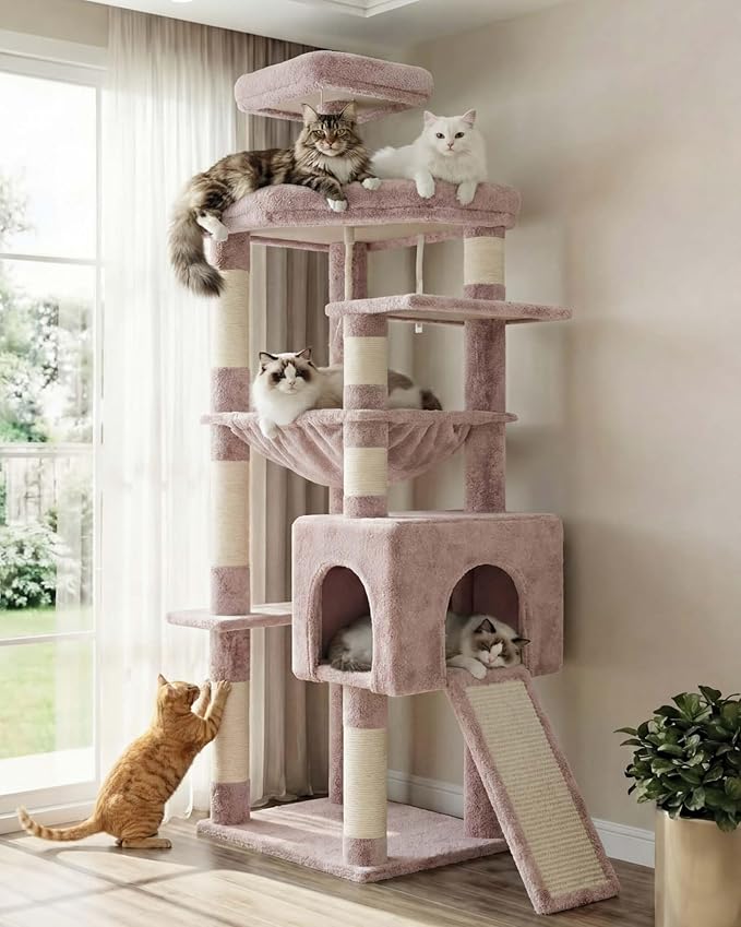 Heybly Heavy Duty Cat Tree, 64.2-Inch Tall Tower for Large Indoor Cats with Widened Structure, Cat Furniture with Big Platforms, Extra-Large Hammock, Sisal Scratching Posts & Board, Muchroom HCT027MU