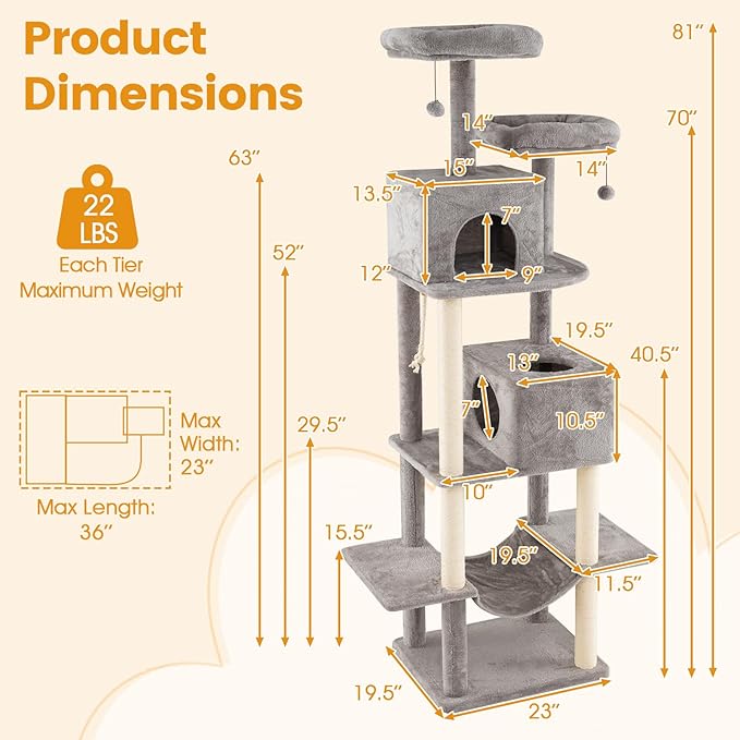 PETSITE 81 Inches Tall Modern Cat Tree, Multi-Level Cat Tower with Sisal Scratching Posts, 2 Private Condos, 2 Hanging Jingling Ball, Hanging Sisal Rope, 2 Top Perches, and Multiple Jumping Platforms