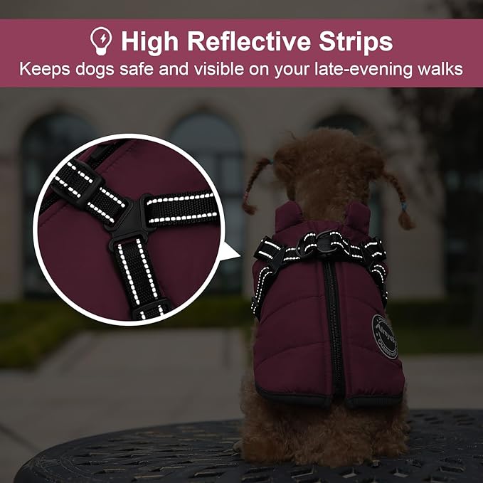 Dog Winter Coat, Warm Dog Jacket Reflective Adjustable Fleece Vest with Harness Built in, Windproof Pet Snow Jacket Snowsuit with Zipper for Small Medium Dogs, Purple XS