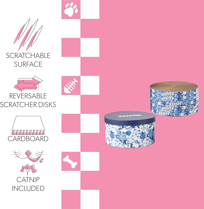 CSR1012B Kate 12" Modern Patterned Cardboard Reversible Cat Scratcher Pad in Box with Catnip, Blue/White (5-Pack)