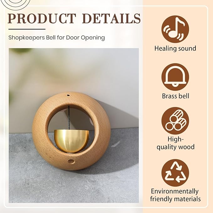 2 Pcs Shopkeepers Bell for Door Opening, Magnetic Wood Doorbell Chime When Door Opens, Magnetic Doorbell for Cafe Glass Doors Store Entrance, Housewarming Gift(Round,2.95 x 2.95 Inches)
